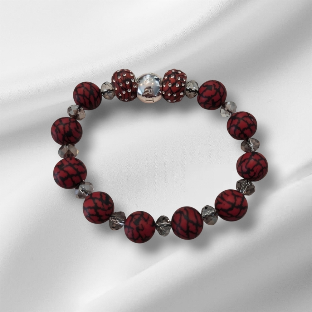 Viva Red Clay Beads PartyLite Stretch Bracelet With Rhinestones